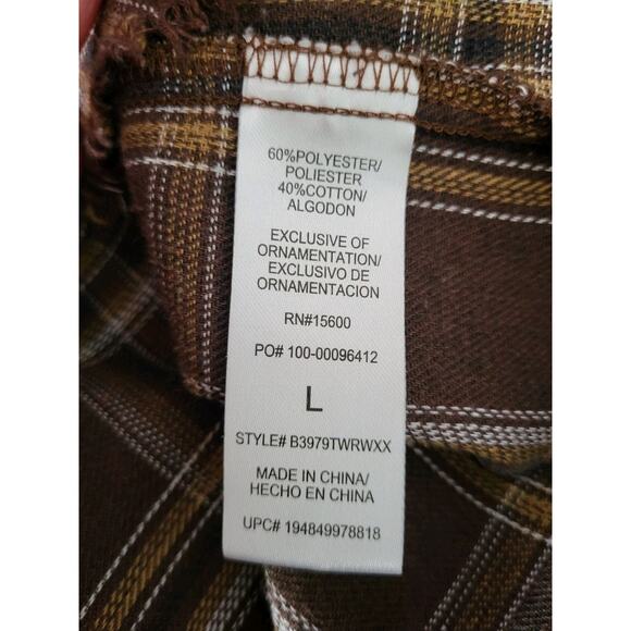 Democracy Women’s Plaid Flannel Shacket Brown L Relaxed Fit Raw Hem Preppy Cozy - Picture 11 of 12